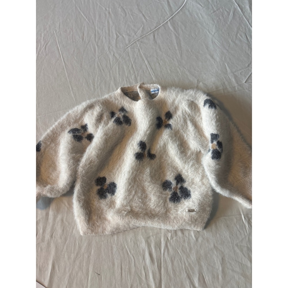 Mayoral Fuzzy‎ Floral Sweater Baby Girls Cream Black Excellent Eyelash Knit